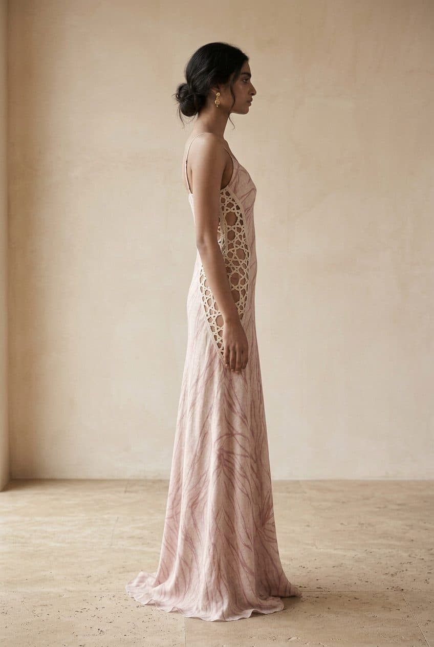 Rose Line-Print Lasercut Slip Gown in Rose, worn