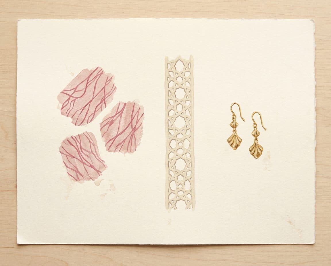 Fabric, colour and trim palette for Rose Line-Print Lasercut Slip Gown