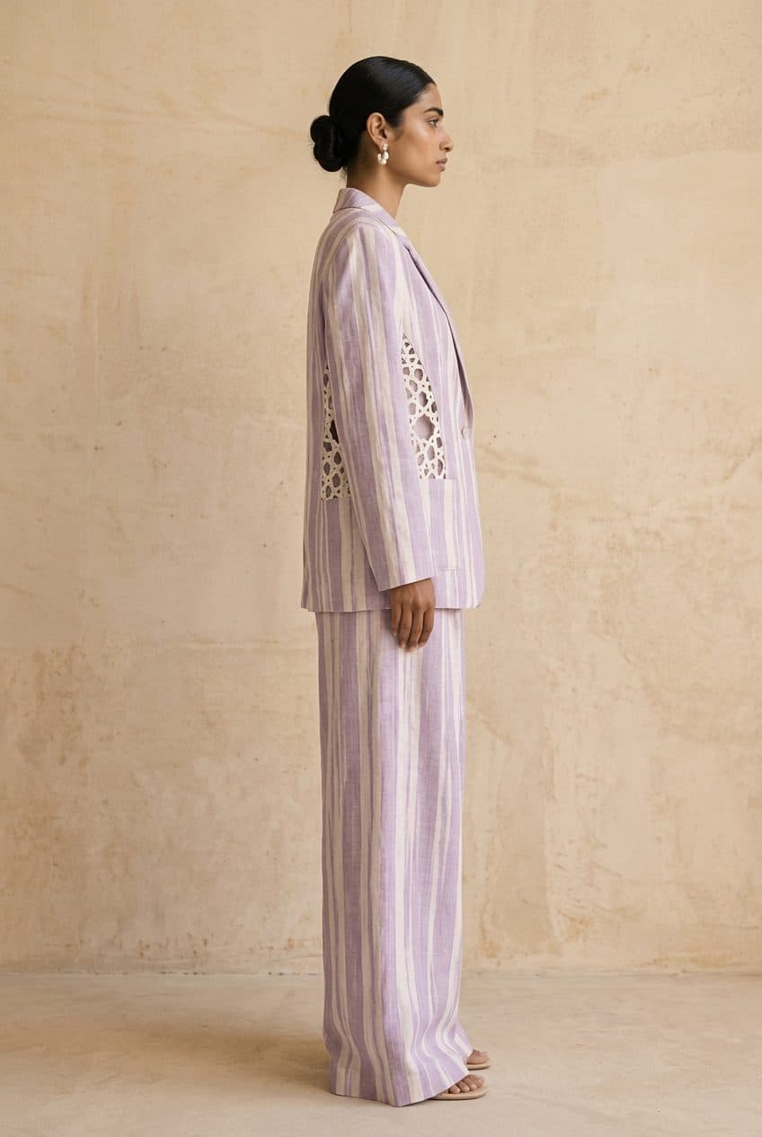 Lilac Stripe Oversized Blazer & Wide Palazzo Suit in Lilac Stripe, worn