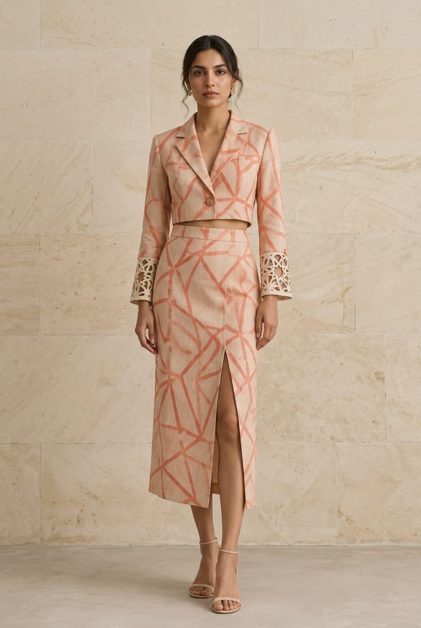 Peach Line-Print Cropped Blazer & Slit Skirt Co-ord in Peach, finished garment