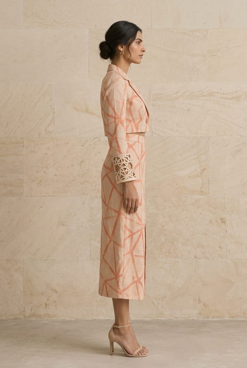 Peach Line-Print Cropped Blazer & Slit Skirt Co-ord in Peach, worn