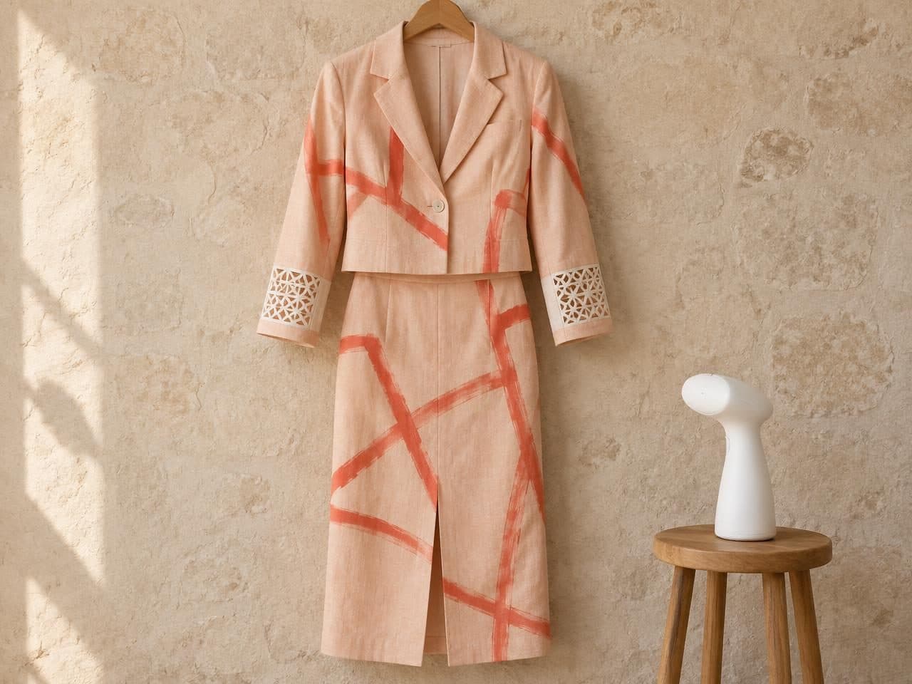How to care for Peach Line-Print Cropped Blazer & Slit Skirt Co-ord