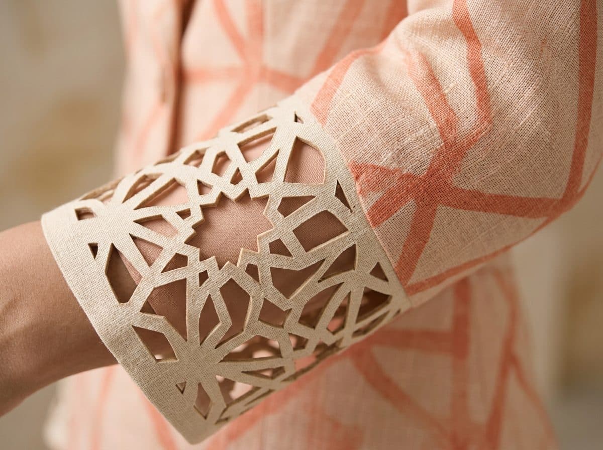 Detail of the cloth and cutwork used for Peach Line-Print Cropped Blazer & Slit Skirt Co-ord