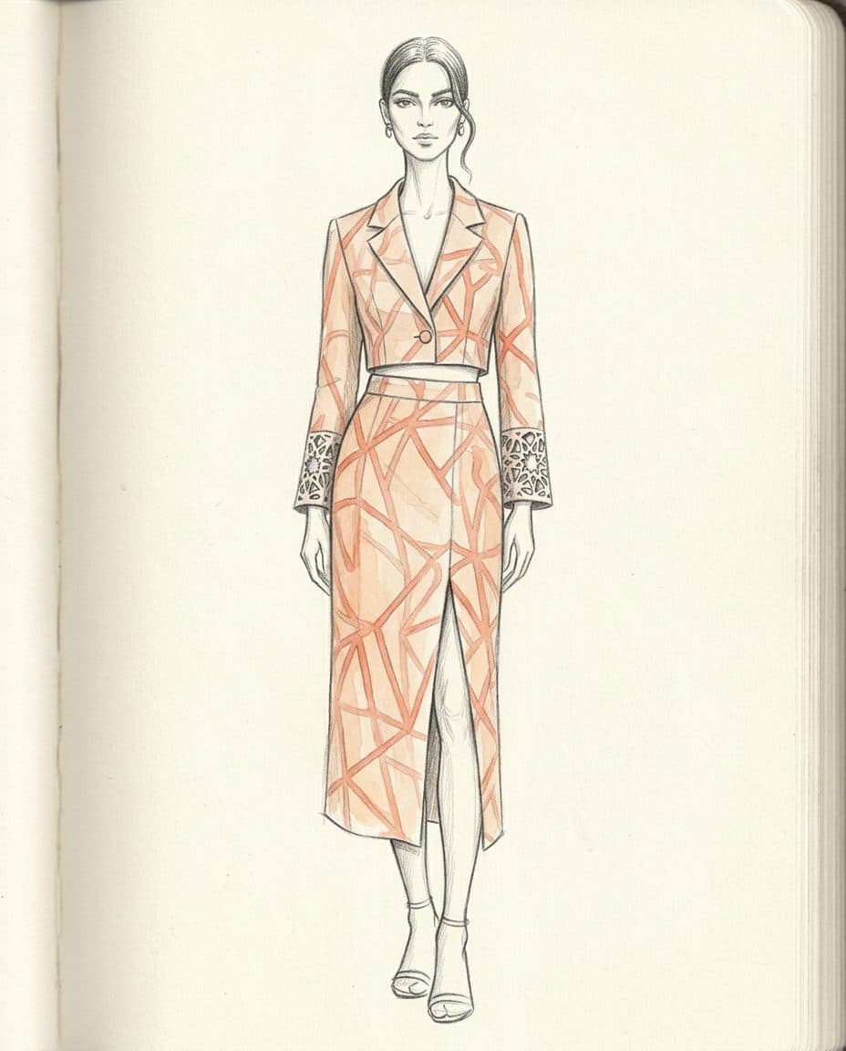 Peach Line-Print Cropped Blazer & Slit Skirt Co-ord — original design sketch