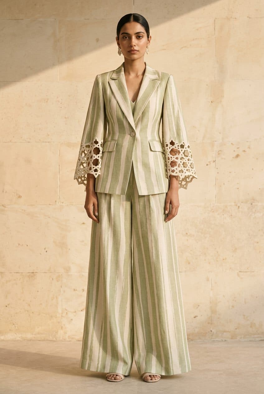 Pistachio Stripe Cape-Sleeve Blazer & Palazzo Co-ord in Pistachio Stripe, finished garment
