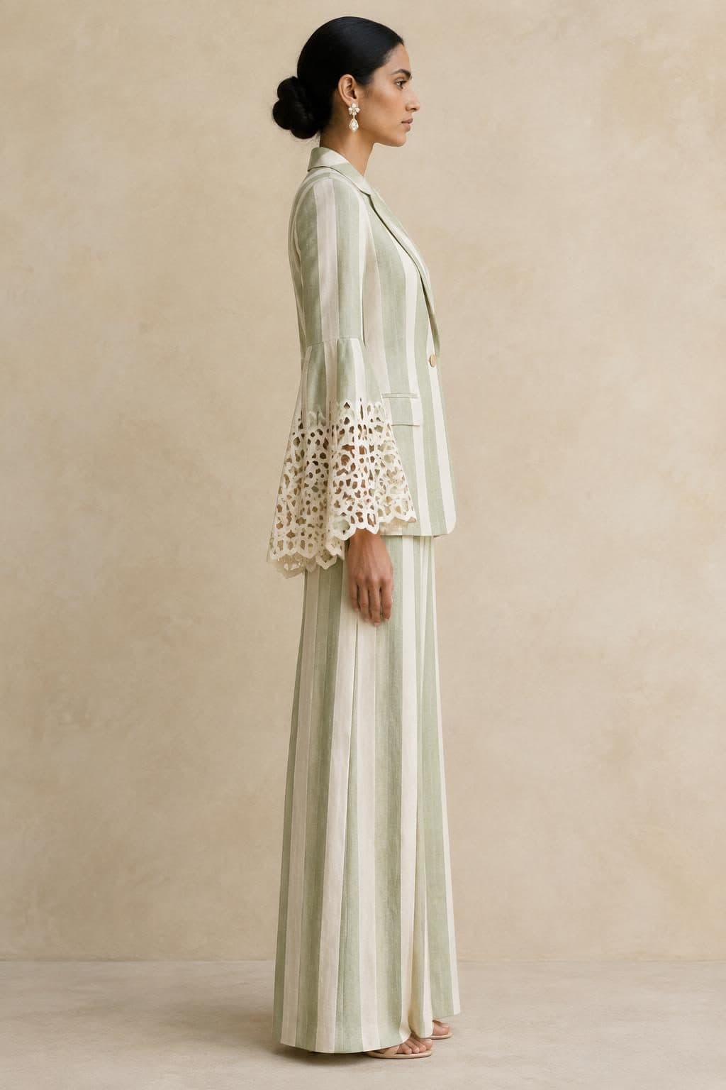 Pistachio Stripe Cape-Sleeve Blazer & Palazzo Co-ord in Pistachio Stripe, worn