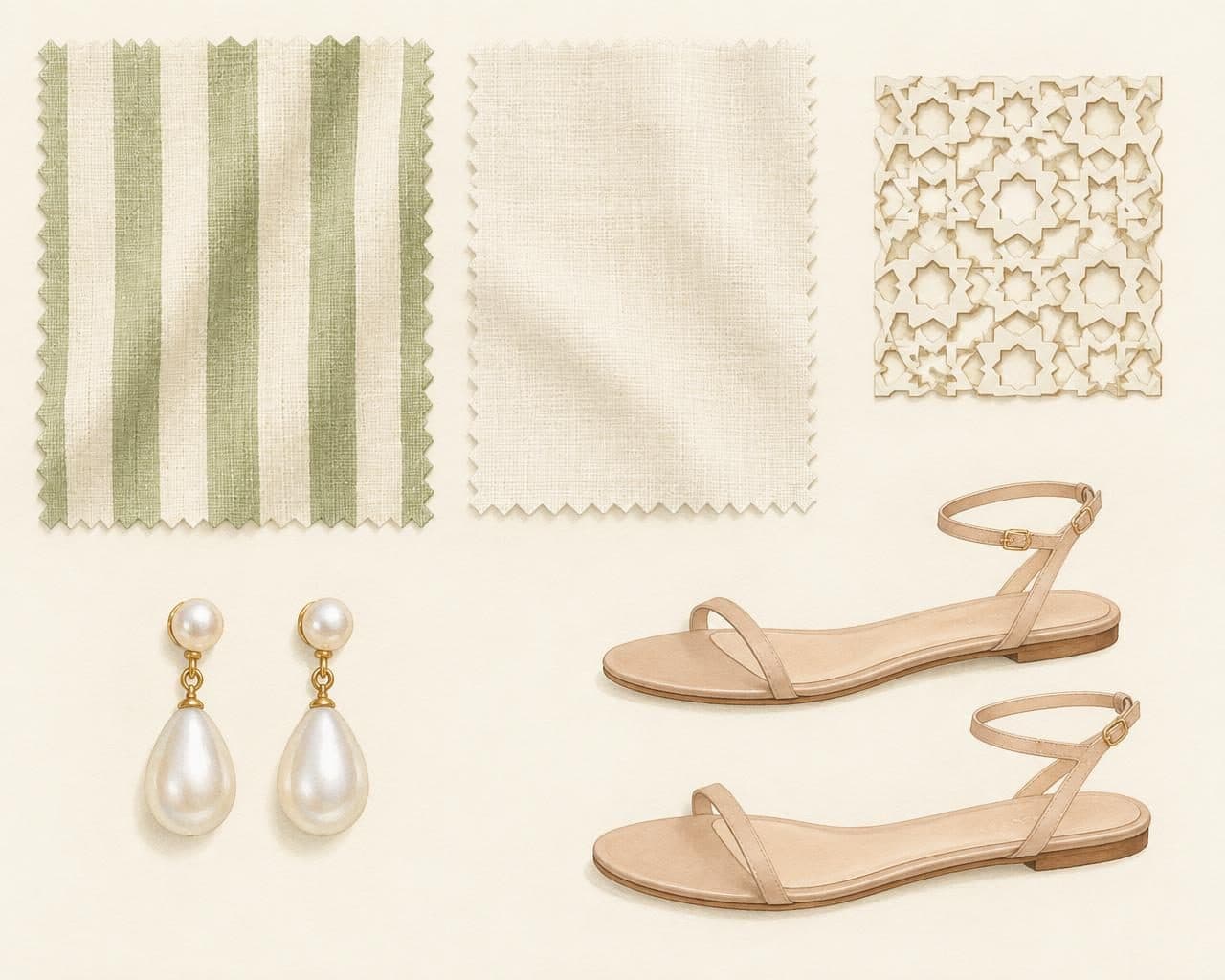 Fabric, colour and trim palette for Pistachio Stripe Cape-Sleeve Blazer & Palazzo Co-ord