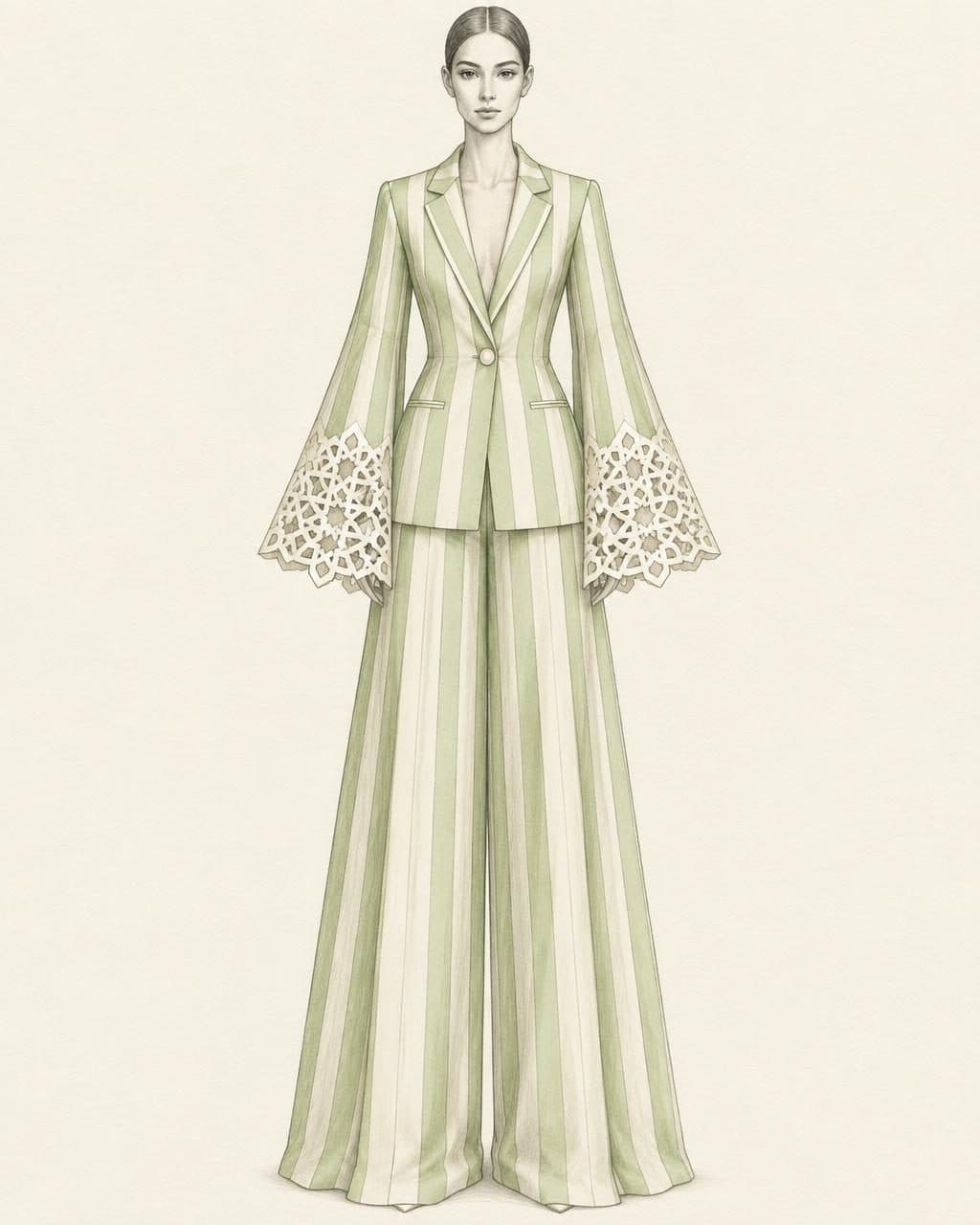 Pistachio Stripe Cape-Sleeve Blazer & Palazzo Co-ord — original design sketch
