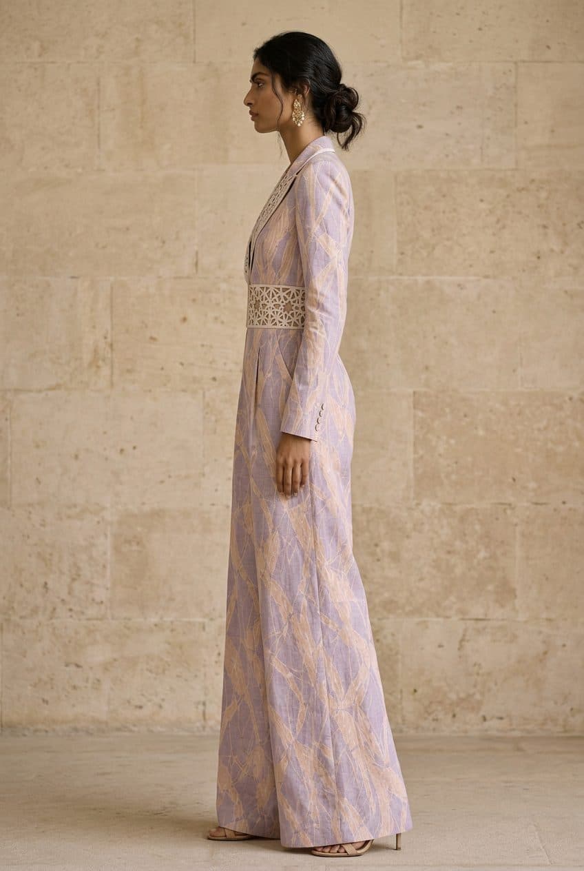 Lavender Line-Print Tuxedo Blazer Jumpsuit in Lavender, worn
