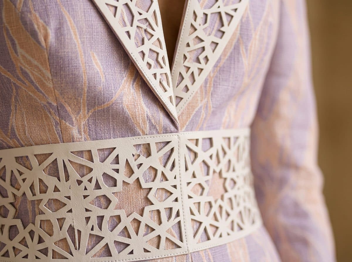 Detail of the cloth and cutwork used for Lavender Line-Print Tuxedo Blazer Jumpsuit