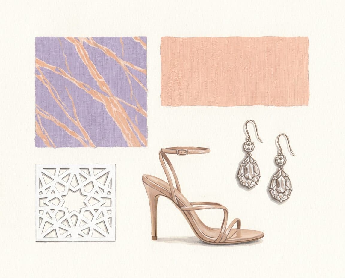 Fabric, colour and trim palette for Lavender Line-Print Tuxedo Blazer Jumpsuit