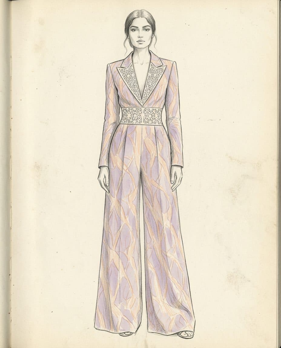 Lavender Line-Print Tuxedo Blazer Jumpsuit — original design sketch