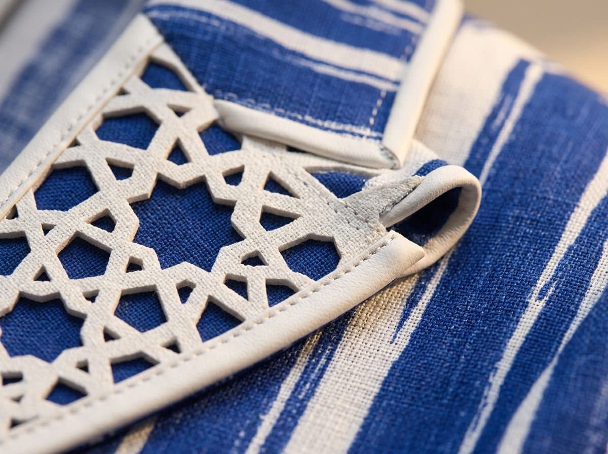 Detail of the cloth and cutwork used for Cobalt Stripe Lasercut Blazer & Shorts