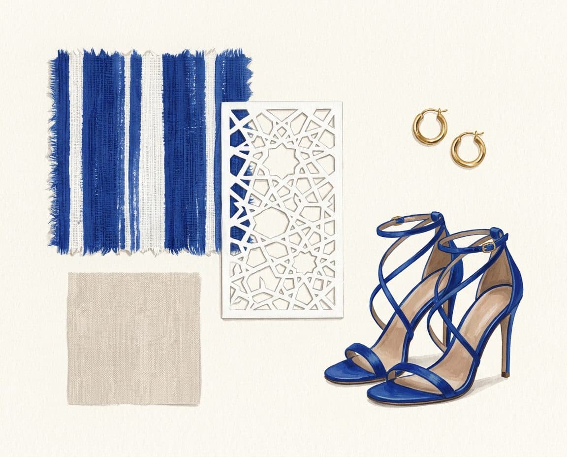Fabric, colour and trim palette for Cobalt Stripe Lasercut Blazer & Shorts
