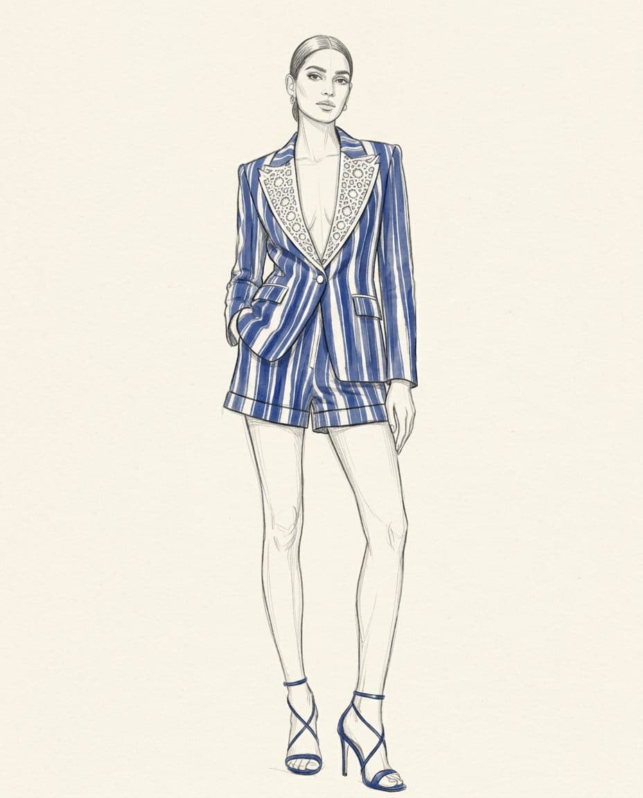 Cobalt Stripe Lasercut Blazer & Shorts — original design sketch
