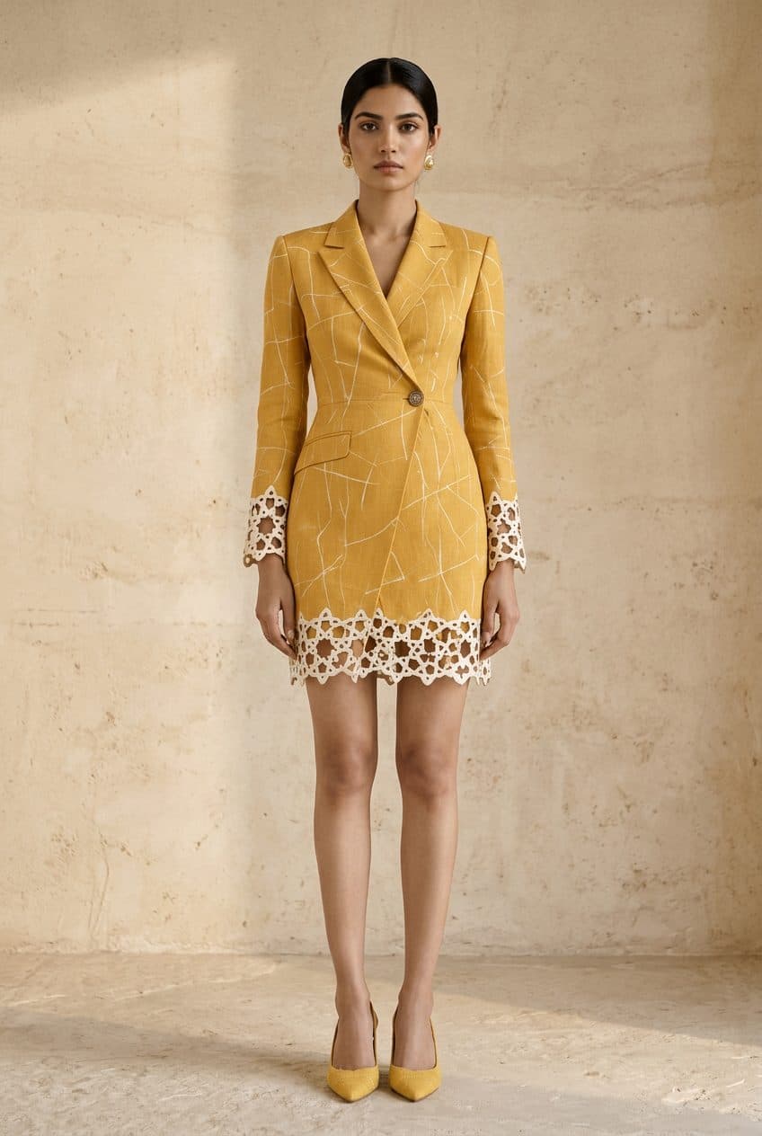 Marigold Line-Print Blazer Dress in Marigold, finished garment