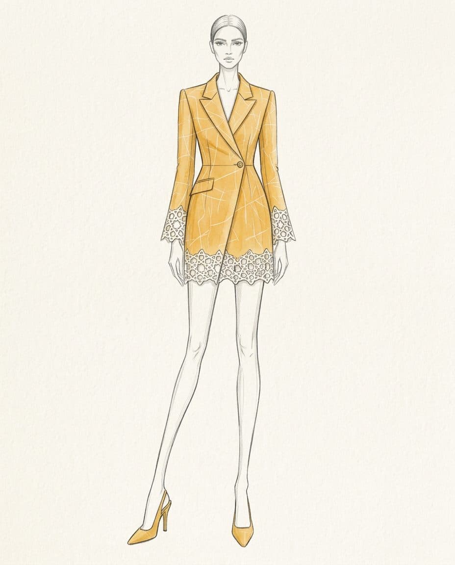 Marigold Line-Print Blazer Dress — original design sketch