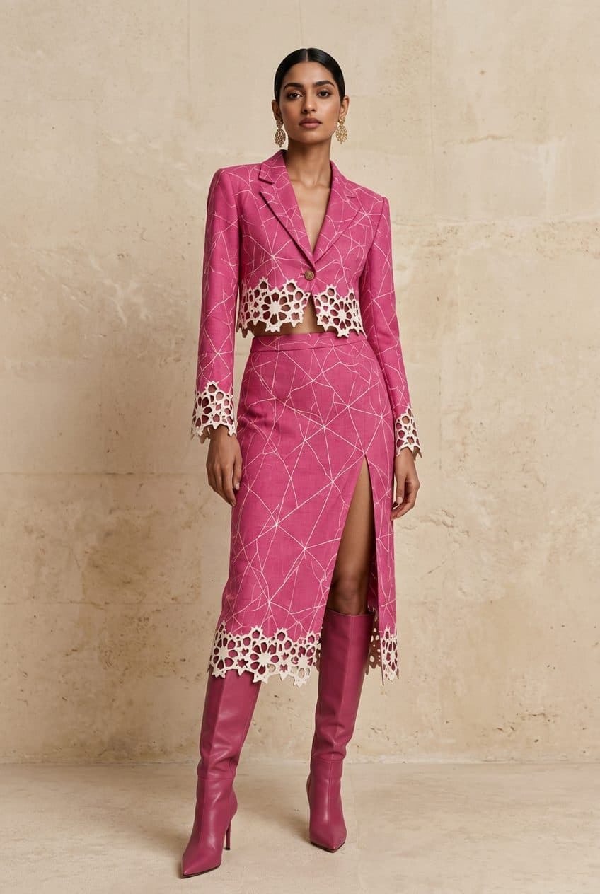 Fuchsia Line-Print Cropped Blazer & Slit Skirt in Fuchsia, finished garment
