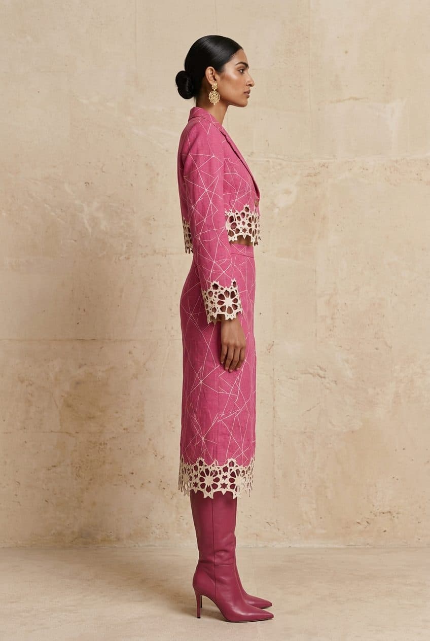 Fuchsia Line-Print Cropped Blazer & Slit Skirt in Fuchsia, worn