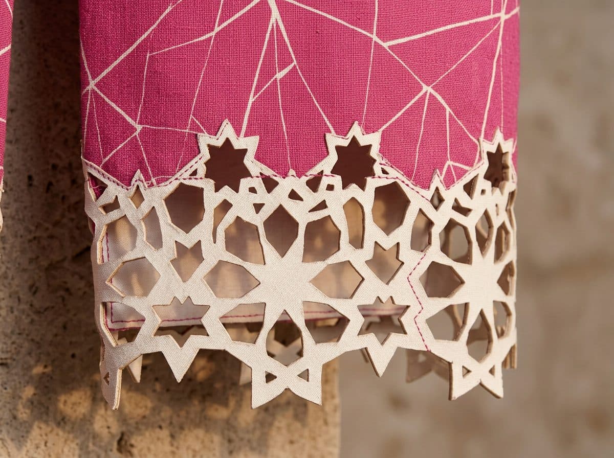 Detail of the cloth and cutwork used for Fuchsia Line-Print Cropped Blazer & Slit Skirt