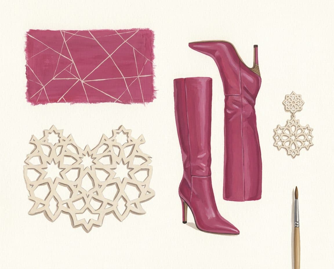 Fabric, colour and trim palette for Fuchsia Line-Print Cropped Blazer & Slit Skirt