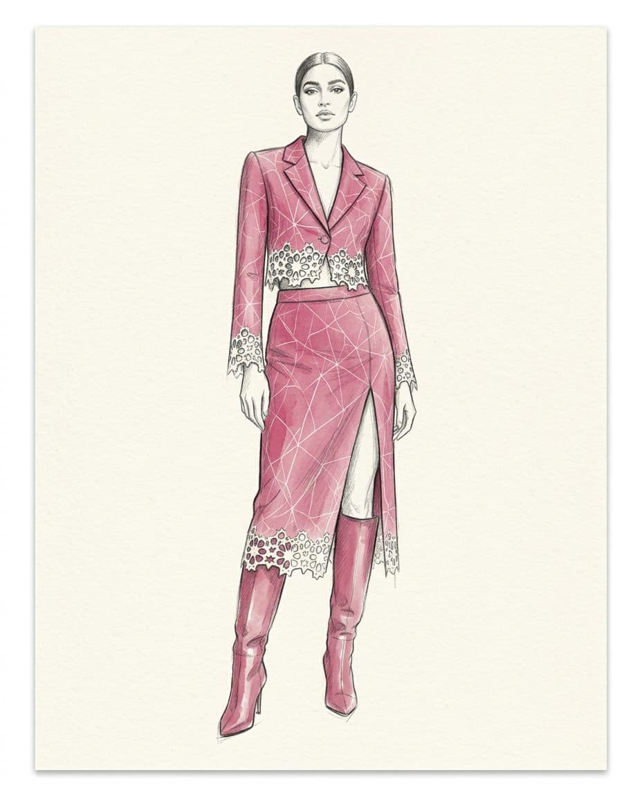 Fuchsia Line-Print Cropped Blazer & Slit Skirt — original design sketch