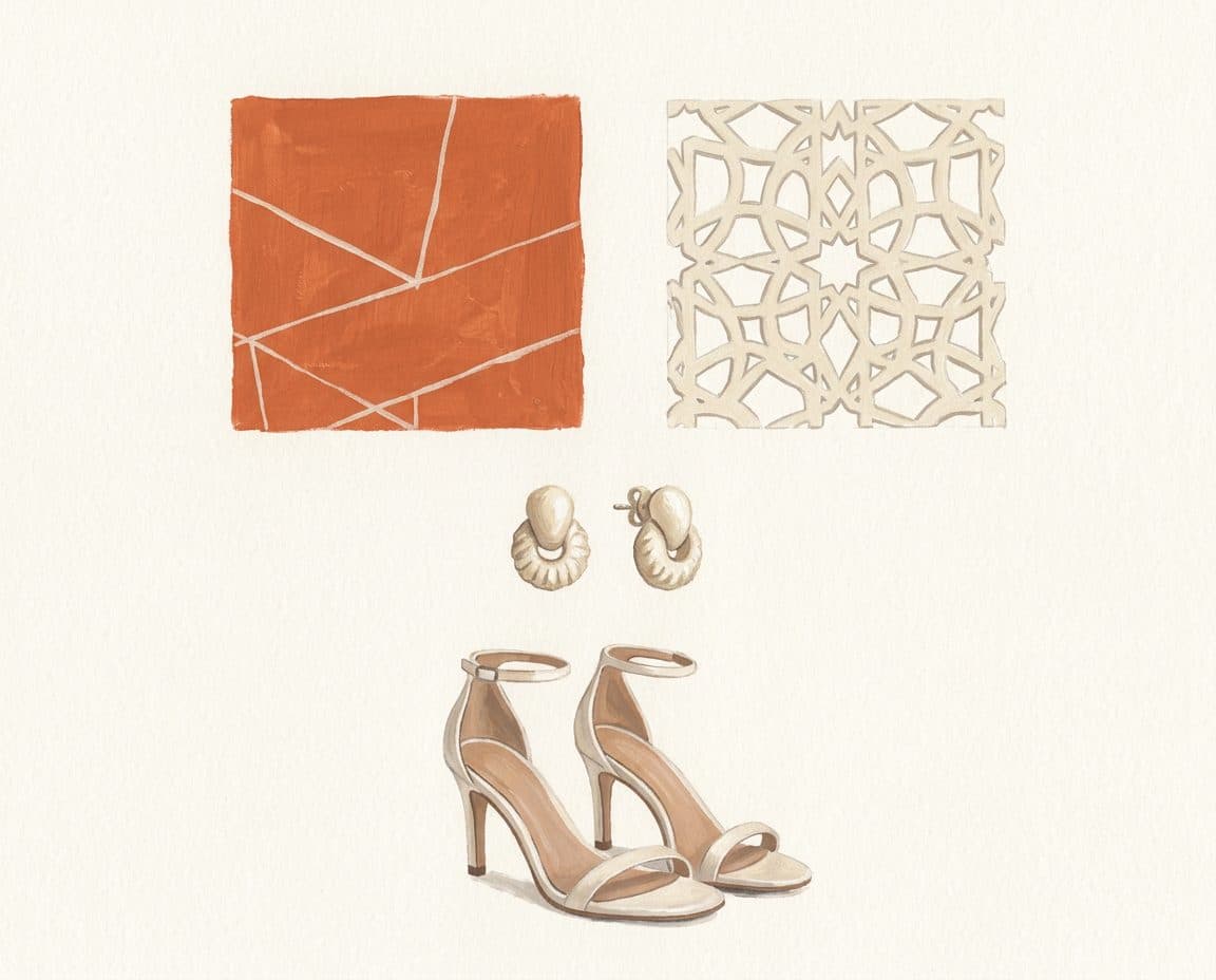 Fabric, colour and trim palette for Tangerine Line-Print Cape-Sleeve Blazer & High-Rise Shorts