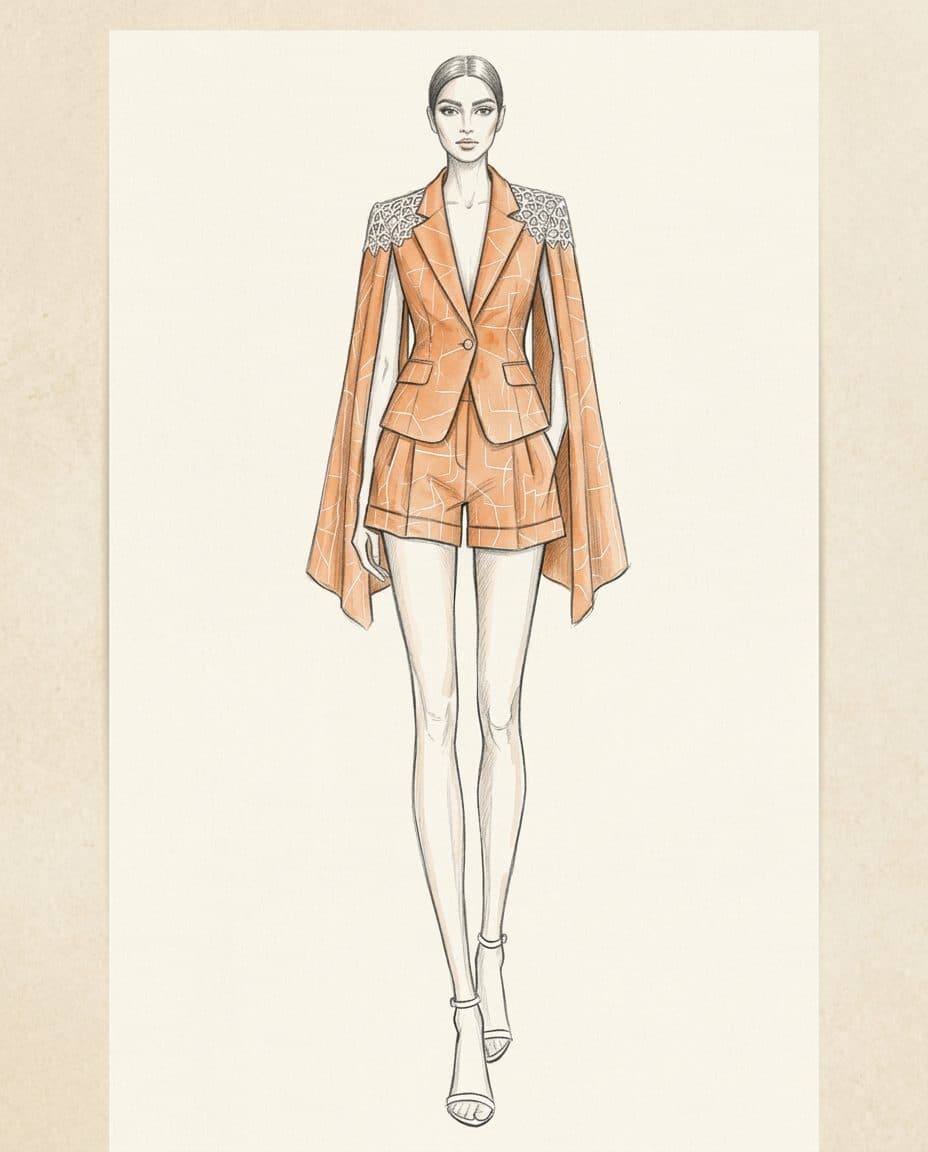 Tangerine Line-Print Cape-Sleeve Blazer & High-Rise Shorts — original design sketch