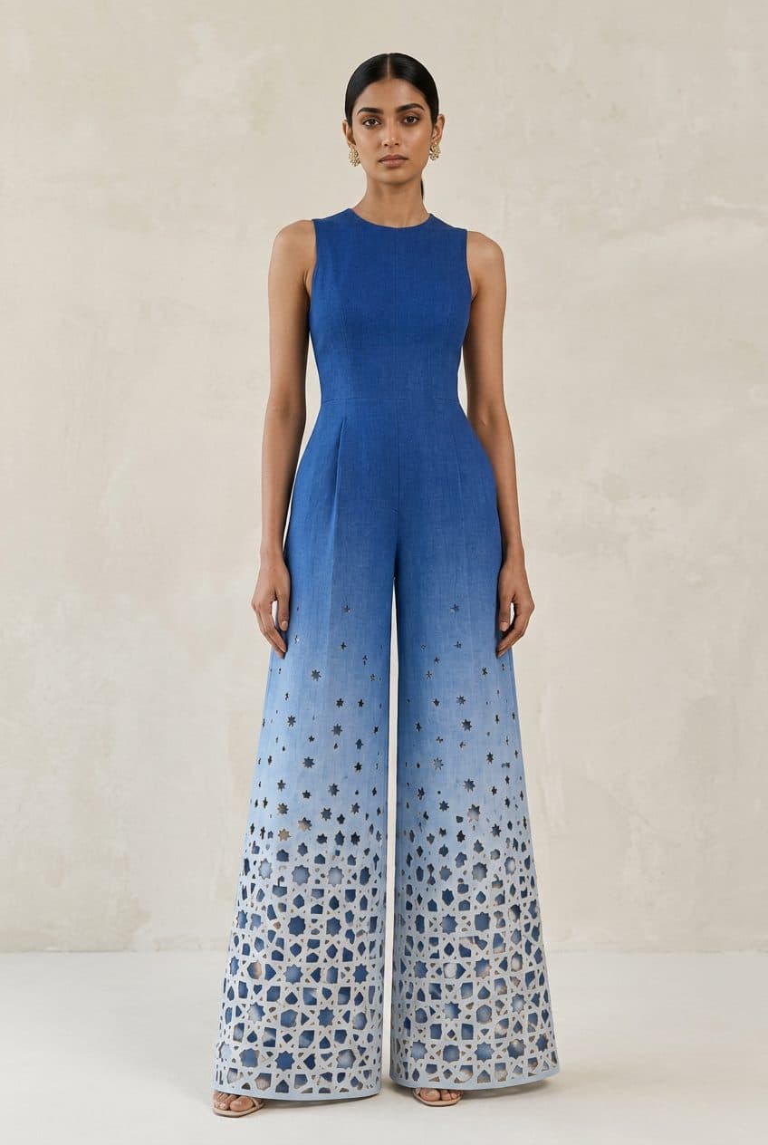 Ombré Lasercut Density Jumpsuit in Cobalt & Sky in Cobalt to Sky Ombré, finished garment