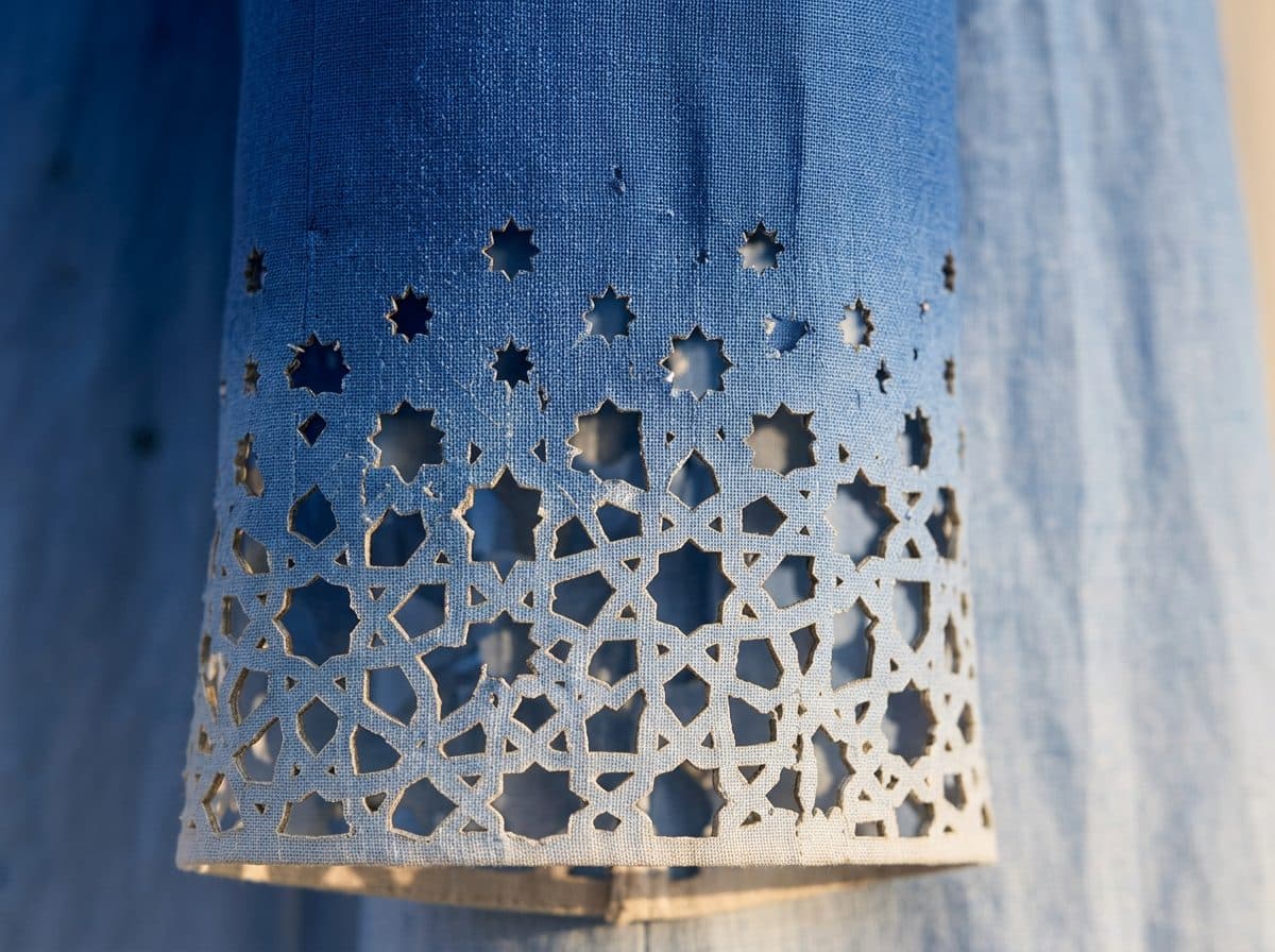 Detail of the cloth and cutwork used for Ombré Lasercut Density Jumpsuit in Cobalt & Sky