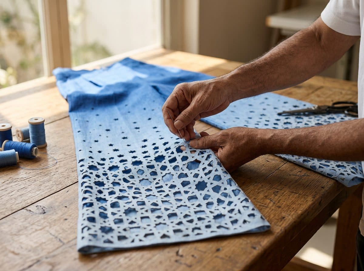 Ombré Lasercut Density Jumpsuit in Cobalt & Sky — in the making, construction and finishing