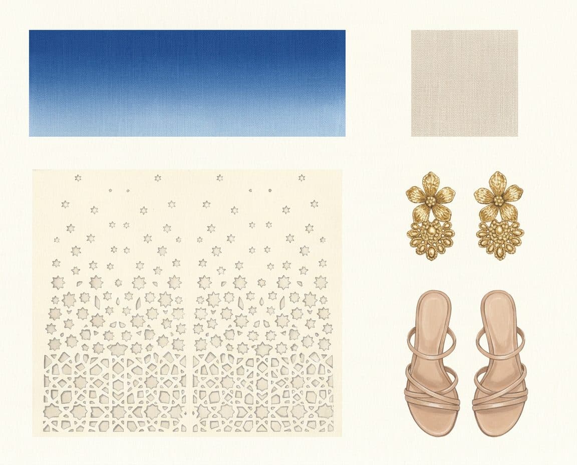 Fabric, colour and trim palette for Ombré Lasercut Density Jumpsuit in Cobalt & Sky