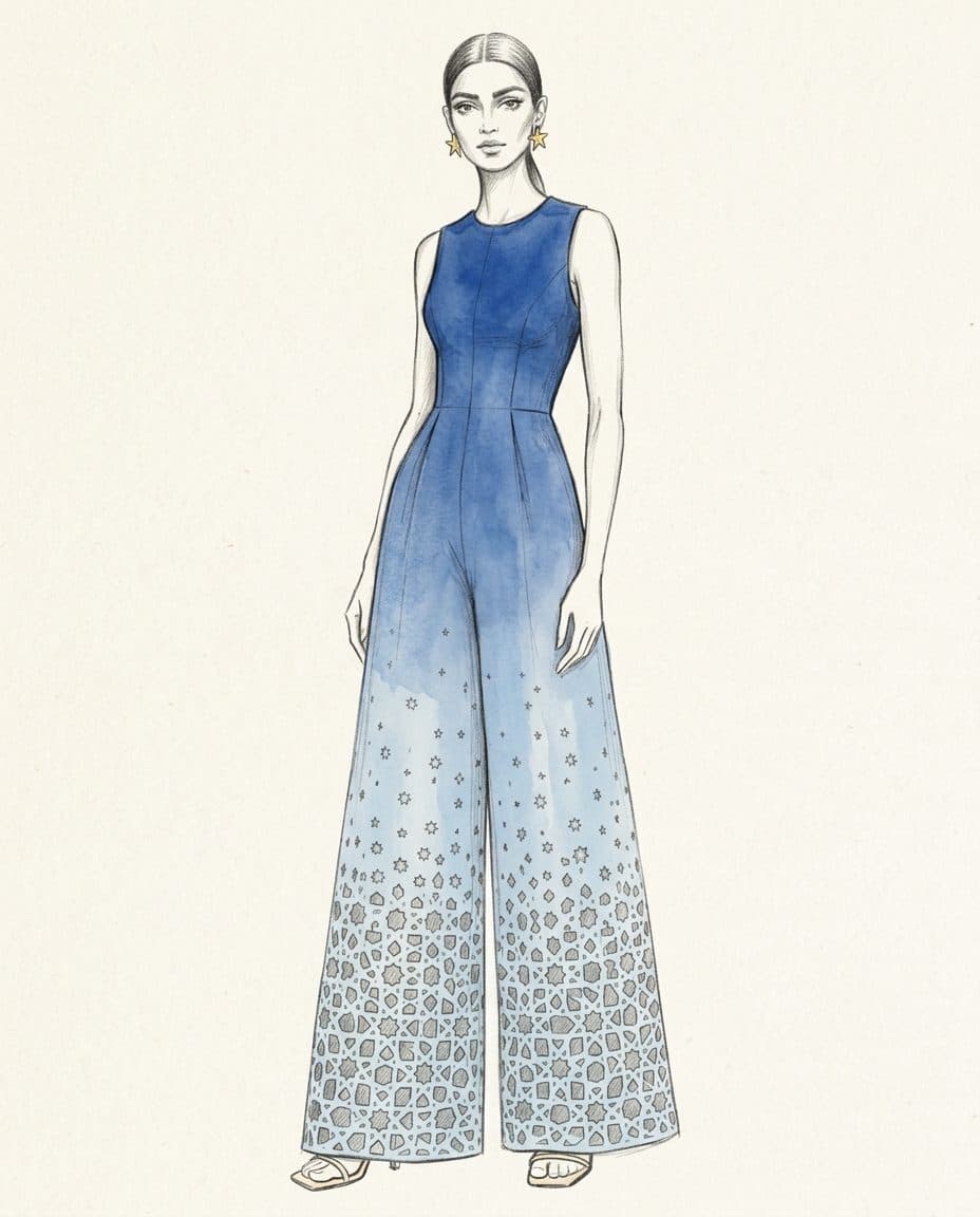 Ombré Lasercut Density Jumpsuit in Cobalt & Sky — original design sketch