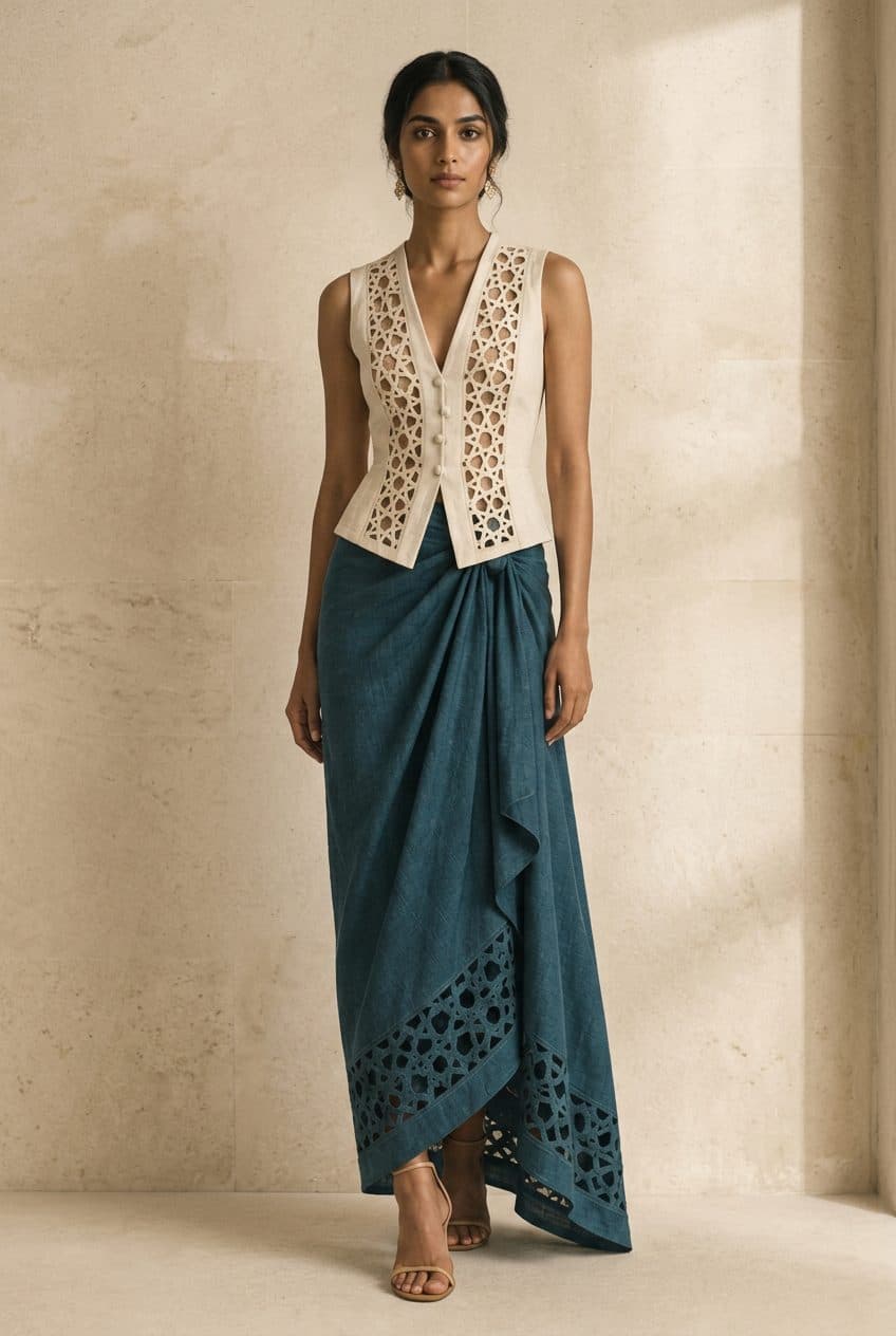 Girih Cutwork Vest & Sarong Skirt in Bone Ecru & Petroleum Teal, finished garment