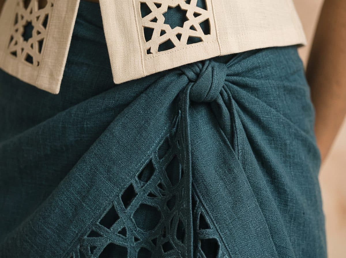Detail of the cloth and cutwork used for Girih Cutwork Vest & Sarong Skirt