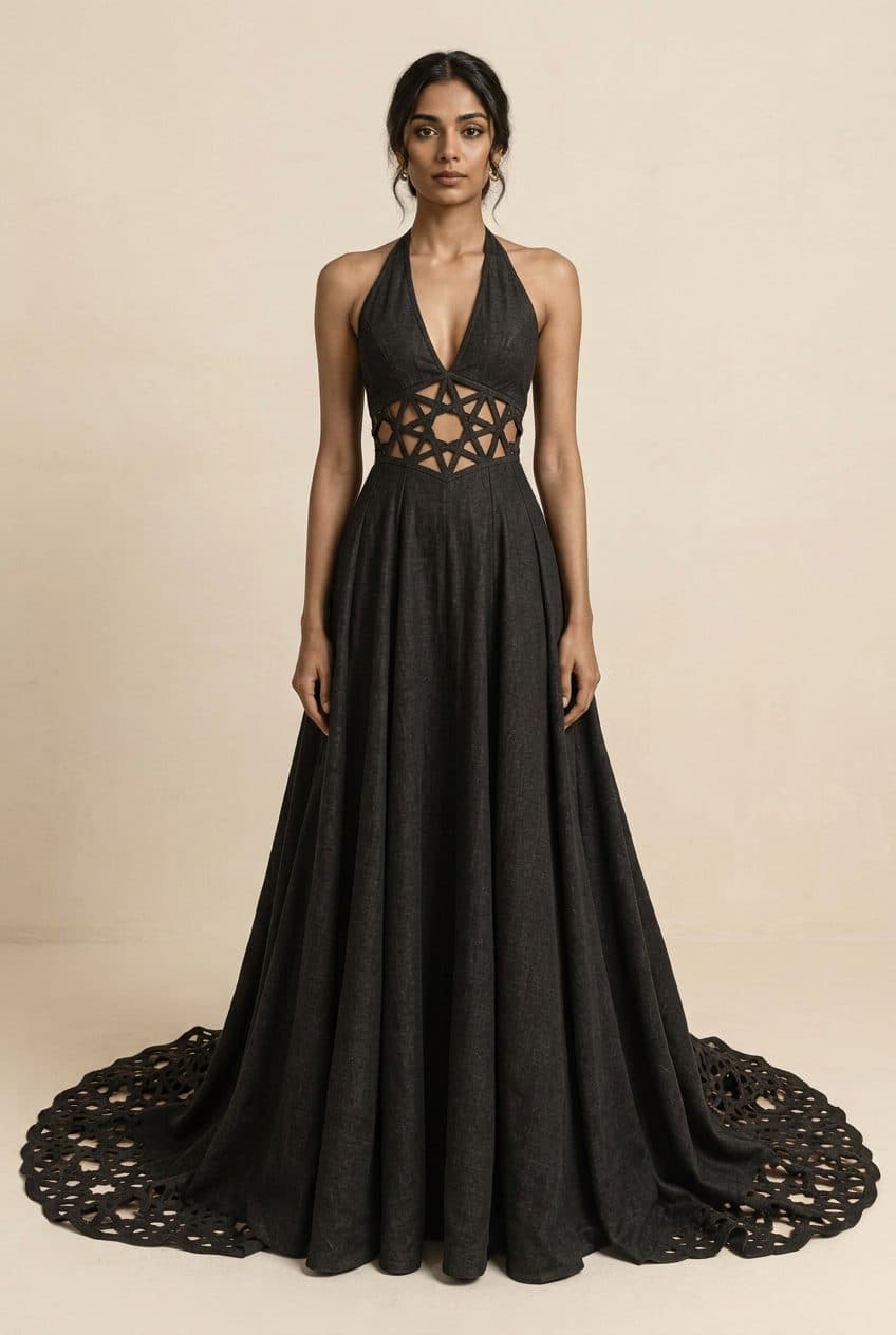 Halter Girih Gown with Train in Washed Onyx Black, finished garment