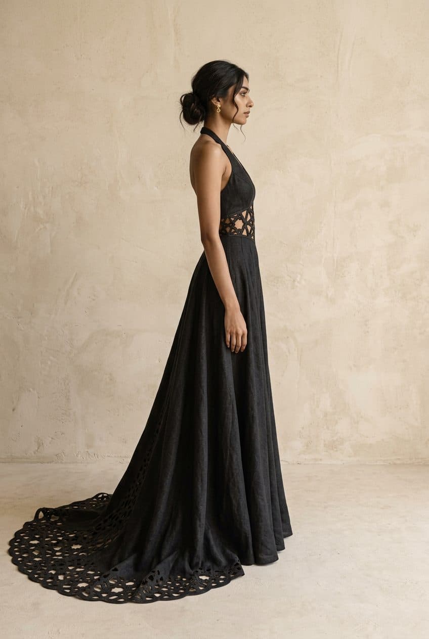 Halter Girih Gown with Train in Washed Onyx Black, worn