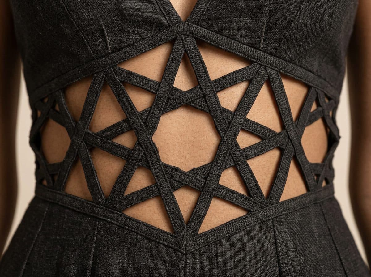 Detail of the cloth and cutwork used for Halter Girih Gown with Train