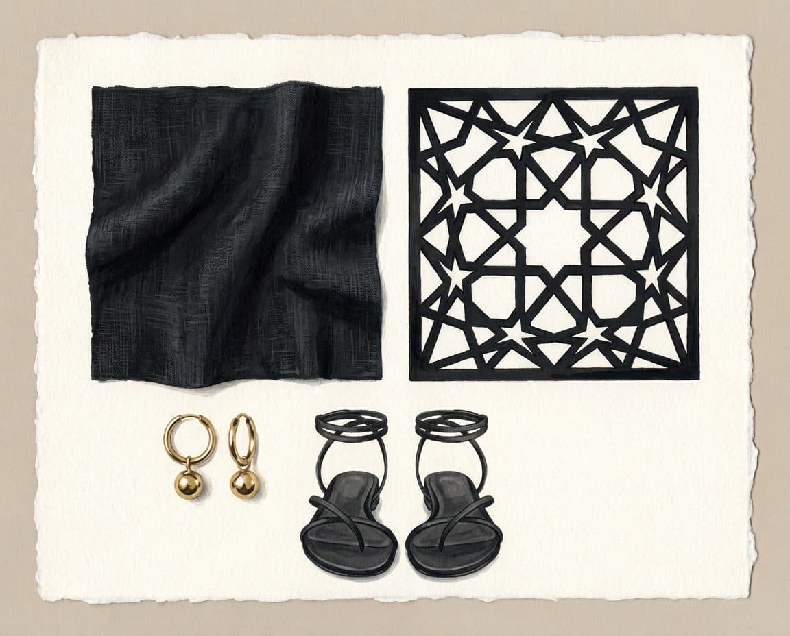 Fabric, colour and trim palette for Halter Girih Gown with Train