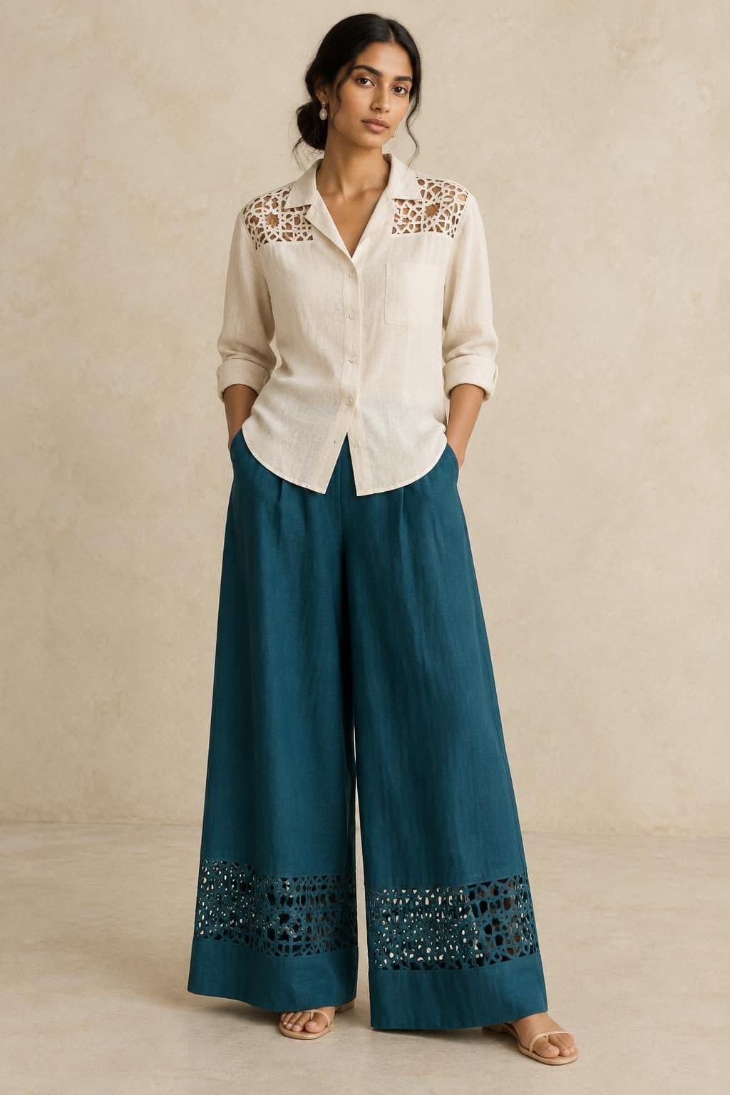 Girih Cutwork Shirt & Palazzo Set in Bone Ecru & Petroleum Teal, finished garment