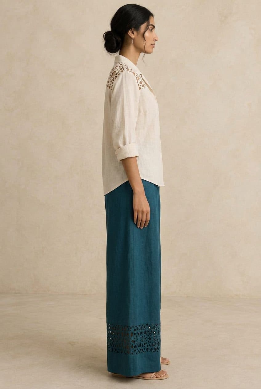 Girih Cutwork Shirt & Palazzo Set in Bone Ecru & Petroleum Teal, worn
