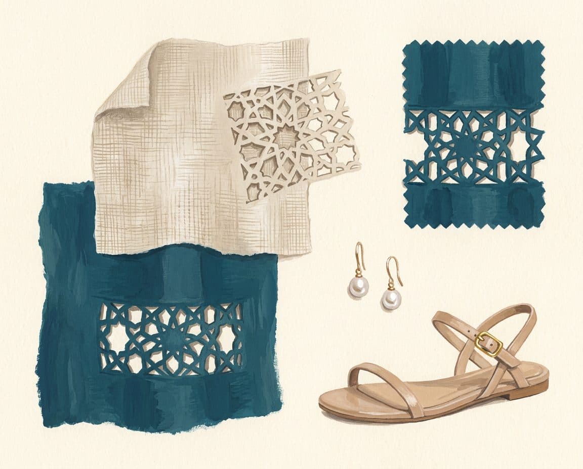 Fabric, colour and trim palette for Girih Cutwork Shirt & Palazzo Set