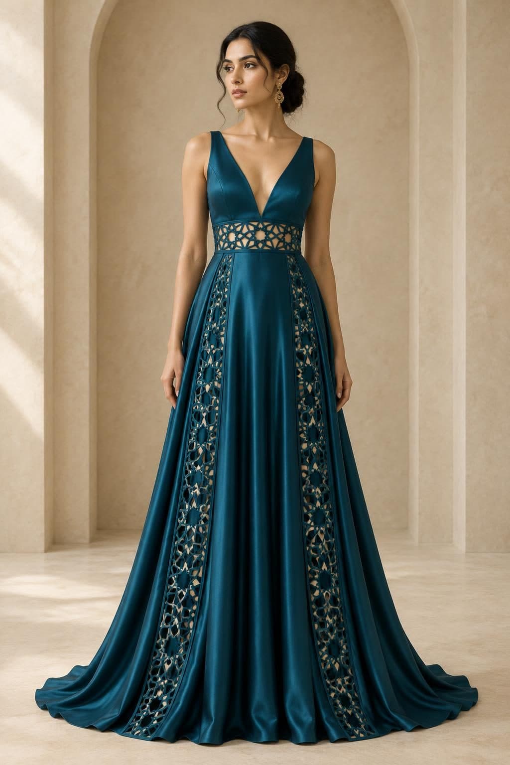 Girih Cutwork Evening Gown in Petroleum Teal, finished garment