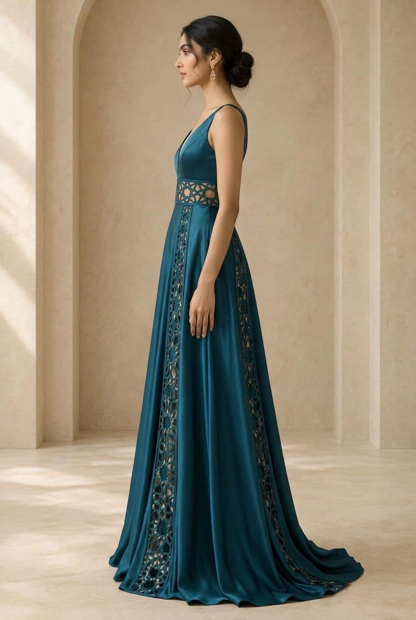 Girih Cutwork Evening Gown in Petroleum Teal, worn