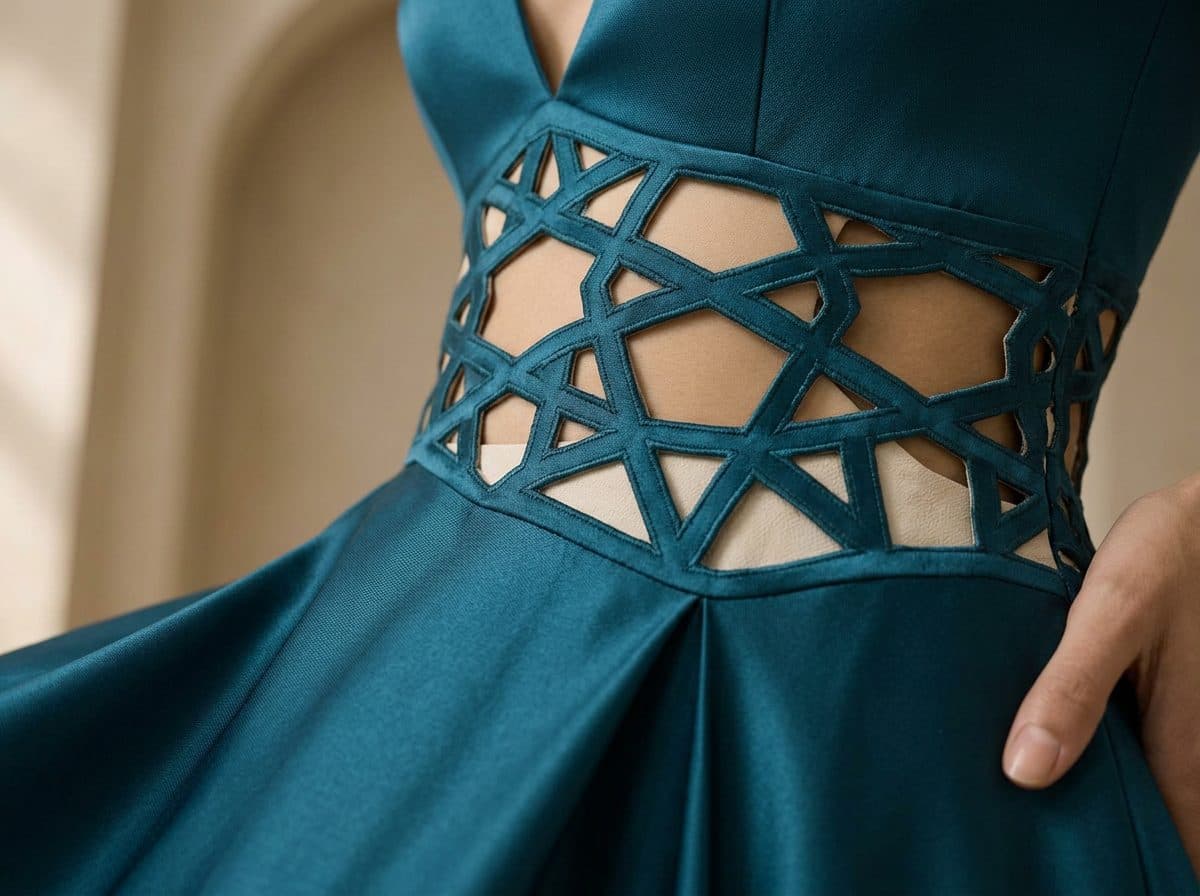 Detail of the cloth and cutwork used for Girih Cutwork Evening Gown