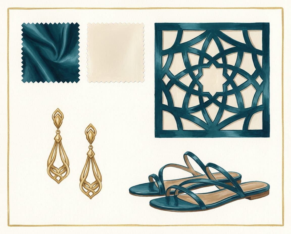 Fabric, colour and trim palette for Girih Cutwork Evening Gown