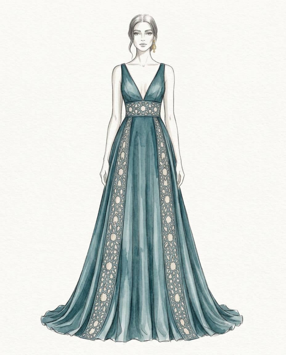 Girih Cutwork Evening Gown — original design sketch
