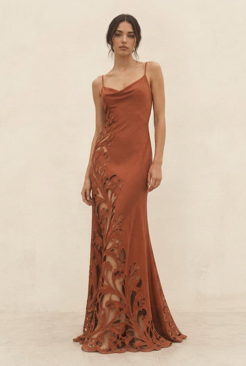 Nouveau Vine Cutwork Gown in Terracotta Rust, finished garment