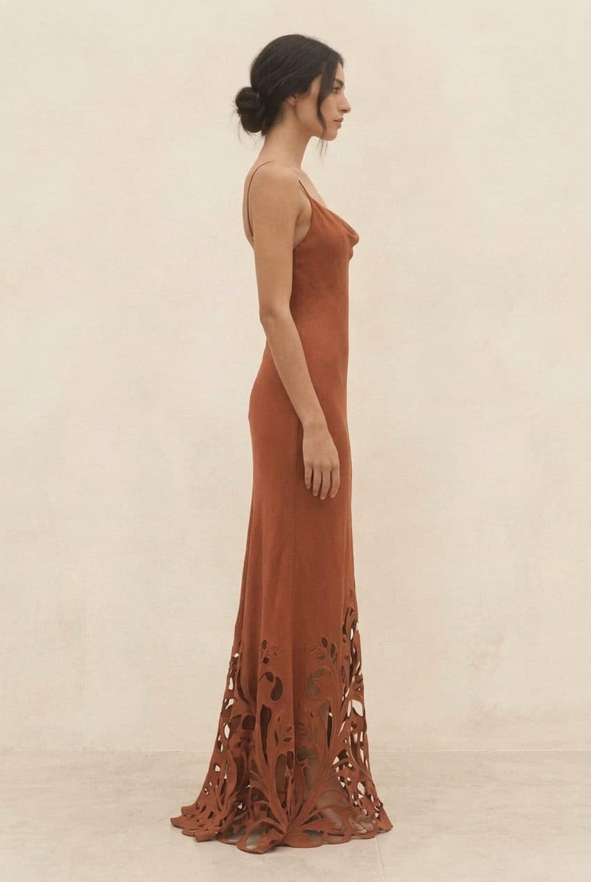 Nouveau Vine Cutwork Gown in Terracotta Rust, worn