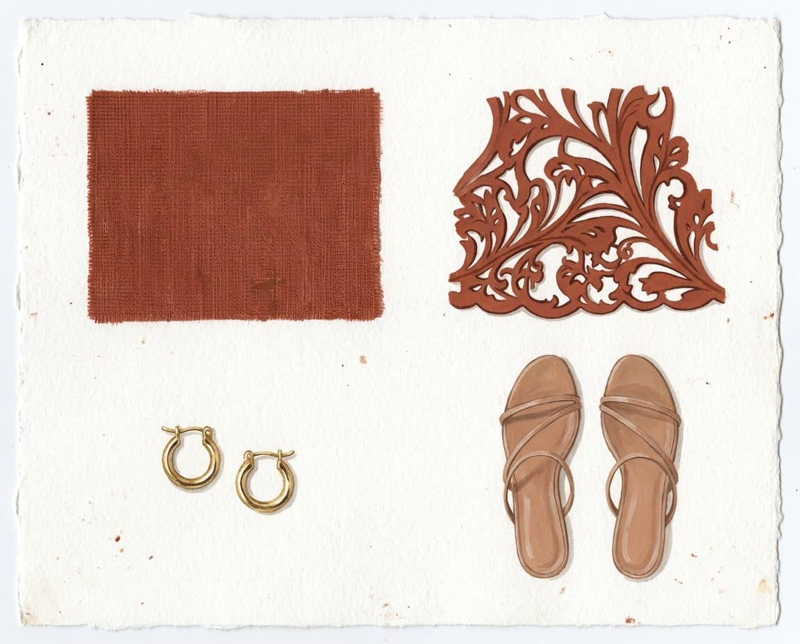 Fabric, colour and trim palette for Nouveau Vine Cutwork Gown